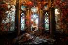Woman with flowing dress and flowers in room. AI Generated. Art Print